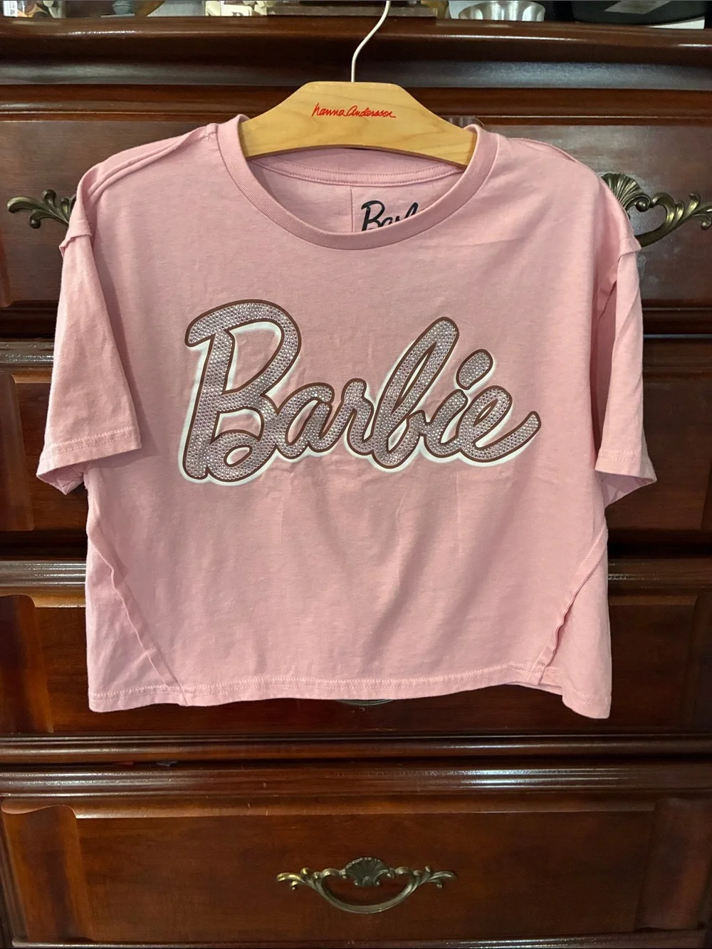 Barbie Pink Rhinestone Script Crop Tee - Picture 4 of 4